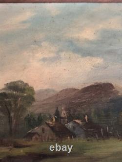 Ancien Tableau Huile Sur Toile Beaux-arts. Paysage D'une Ferme