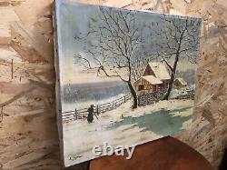 Ancien Tableau Huile Sur Toile C. GUYON Campagne En Hiver XIXeme Vintage