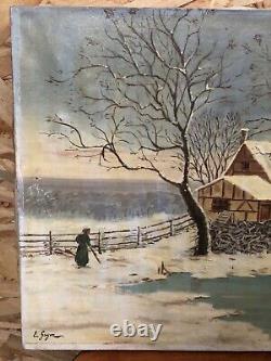 Ancien Tableau Huile Sur Toile C. GUYON Campagne En Hiver XIXeme Vintage