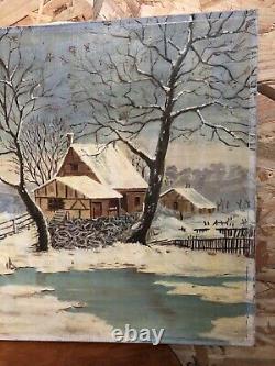 Ancien Tableau Huile Sur Toile C. GUYON Campagne En Hiver XIXeme Vintage