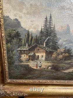 Ancien Tableau Huile Sur Toile Encadrée Scène Champêtre