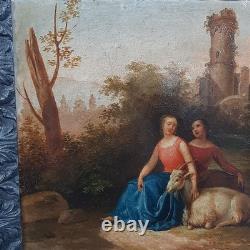 Ancien Tableau Huile Sur Toile Filles Avec Chevre Paysage Château XVIII S