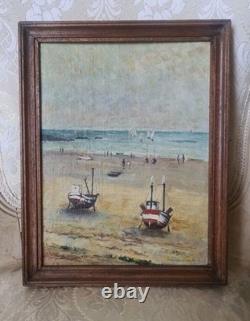 Ancien Tableau Huile Sur Toile Marine, BATEAUX Personnages Signé À Gauche