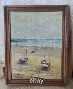 Ancien Tableau Huile Sur Toile Marine, BATEAUX Personnages Signé À Gauche