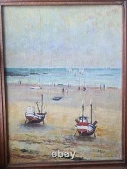 Ancien Tableau Huile Sur Toile Marine, BATEAUX Personnages Signé À Gauche