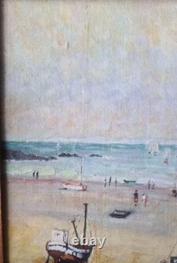 Ancien Tableau Huile Sur Toile Marine, BATEAUX Personnages Signé À Gauche