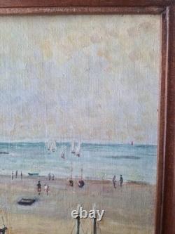 Ancien Tableau Huile Sur Toile Marine, BATEAUX Personnages Signé À Gauche