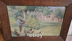 Ancien Tableau Huile Sur Toile Signe A. Jacquot Paysage De Campagne Poules 1927