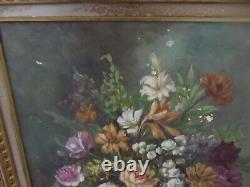 Ancien Tableau Huile Sur Toile nature morte bouquet fleurs signer M. Reheiser