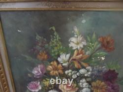Ancien Tableau Huile Sur Toile nature morte bouquet fleurs signer M. Reheiser
