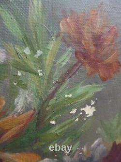 Ancien Tableau Huile Sur Toile nature morte bouquet fleurs signer M. Reheiser