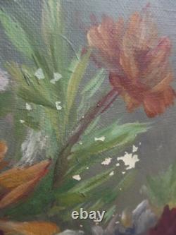 Ancien Tableau Huile Sur Toile nature morte bouquet fleurs signer M. Reheiser