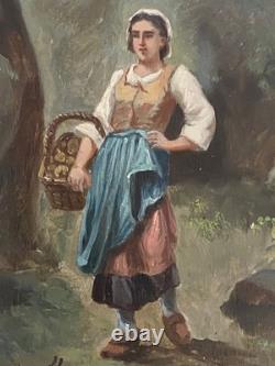 Ancien Tableau Huile sur Bois Femme en Forêt Barbizon Cheintreille 19ème