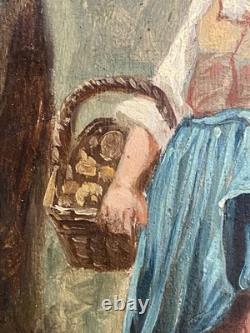 Ancien Tableau Huile sur Bois Femme en Forêt Barbizon Cheintreille 19ème