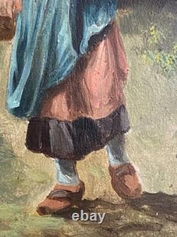 Ancien Tableau Huile sur Bois Femme en Forêt Barbizon Cheintreille 19ème