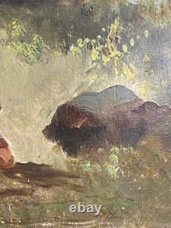 Ancien Tableau Huile sur Bois Femme en Forêt Barbizon Cheintreille 19ème