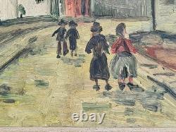 Ancien Tableau Huile sur carton signé G. M (copie d´Utrillo) daté Pâques 1958