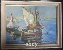 Ancien Tableau Huile sur toile Marine Pêche En Mer Signé E Lamy Encadré