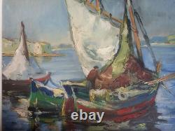Ancien Tableau Huile sur toile Marine Pêche En Mer Signé E Lamy Encadré