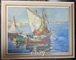 Ancien Tableau Huile sur toile Marine Pêche En Mer Signé E Lamy Encadré