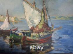 Ancien Tableau Huile sur toile Marine Pêche En Mer Signé E Lamy Encadré