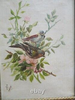 Ancien Tableau Huile / toile XIXe oiseaux mesanges sur la branche fleurs