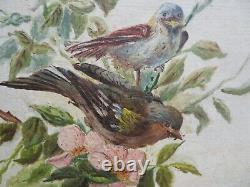 Ancien Tableau Huile / toile XIXe oiseaux mesanges sur la branche fleurs