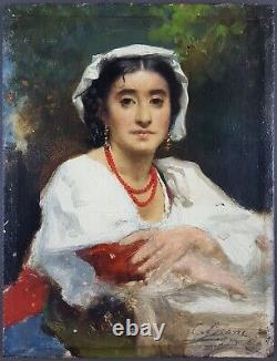 Ancien Tableau Jeune Espagnole Peinture Huile Antique Oil Painting Young Woman
