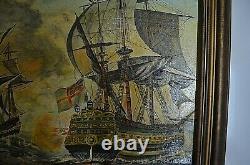Ancien Tableau Marine Huile Sur Toile Galion Anglais Pirate Fin XIX Debut XX Eme