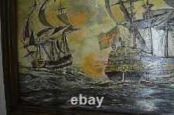 Ancien Tableau Marine Huile Sur Toile Galion Anglais Pirate Fin XIX Debut XX Eme