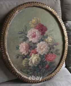 Ancien Tableau Peinture Fleurs Signé