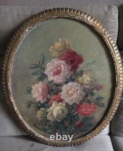 Ancien Tableau Peinture Fleurs Signé