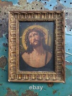 Ancien Tableau Peinture Huile Sur Bois Oil Painting On Wood Jesus Christ