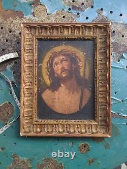 Ancien Tableau Peinture Huile Sur Bois Oil Painting On Wood Jesus Christ