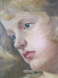 Ancien Tableau Portrait d'une Jeune Fille Blonde Peinture Huile Painting Girl