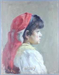Ancien Tableau Portrait de Fille au Foulard Rouge Peinture Huile Oil Painting