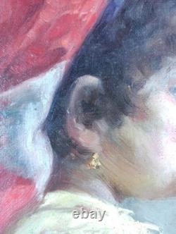 Ancien Tableau Portrait de Fille au Foulard Rouge Peinture Huile Oil Painting
