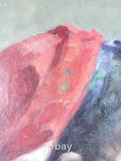Ancien Tableau Portrait de Fille au Foulard Rouge Peinture Huile Oil Painting