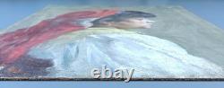 Ancien Tableau Portrait de Fille au Foulard Rouge Peinture Huile Oil Painting