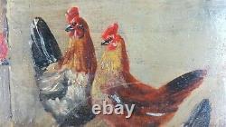 Ancien Tableau Poules et Coq Peinture Huile Antique Painting Dipinto Ölgemälde