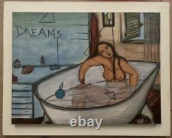 Ancien Tableau XX scène de genre rêverie jeune fille dans son bain figuratif