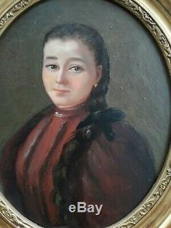 Ancien Tableau huile sur panneau Ecole Française XIXe Portrait d'une jeune fille
