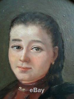 Ancien Tableau huile sur panneau Ecole Française XIXe Portrait d'une jeune fille