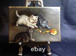 Ancien Tableau huile sur toile Jeux de chats encadré