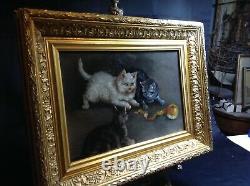 Ancien Tableau huile sur toile Jeux de chats encadré