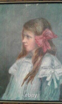 Ancien. Tableau huile sur toile. Portrait jeune fille au noeud rose. Debut XXem