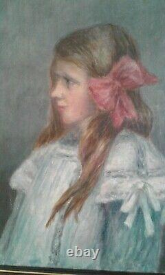 Ancien. Tableau huile sur toile. Portrait jeune fille au noeud rose. Debut XXem