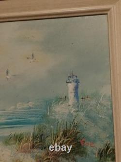 Ancien Tableau huile sur toile paysage marin Breton Et Son Phare Signé COE