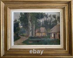 Ancien Tableau paysage maisons foret arbres Frederic Louis Levé impressionniste