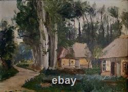 Ancien Tableau paysage maisons foret arbres Frederic Louis Levé impressionniste